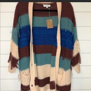 Umgee Striped Colorblock Tassel Cardigan